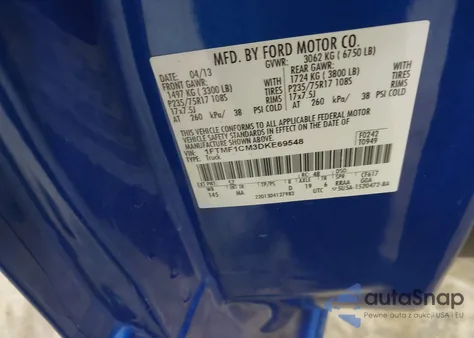 2013 Ford F-150 Xlt z USA, uszkodzony, nr VIN 1FTMF1CM3DKE69548